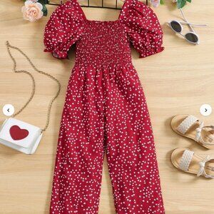 SHEIN Young Girl 18-24 Mos Allover Heart Print Puff Sleeve Shirred Jumpsuit